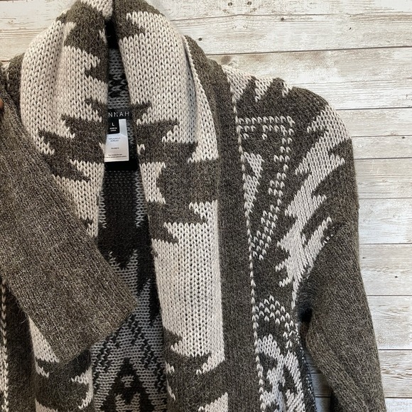 Hannah Sweaters - Hannah Womens L Sweater Open Cardigan Gray Southwestern Aztec Scarf Collar